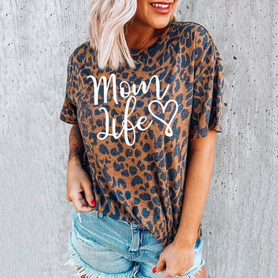 Casual Loose Mom Life Leopard Printed T-Shirt