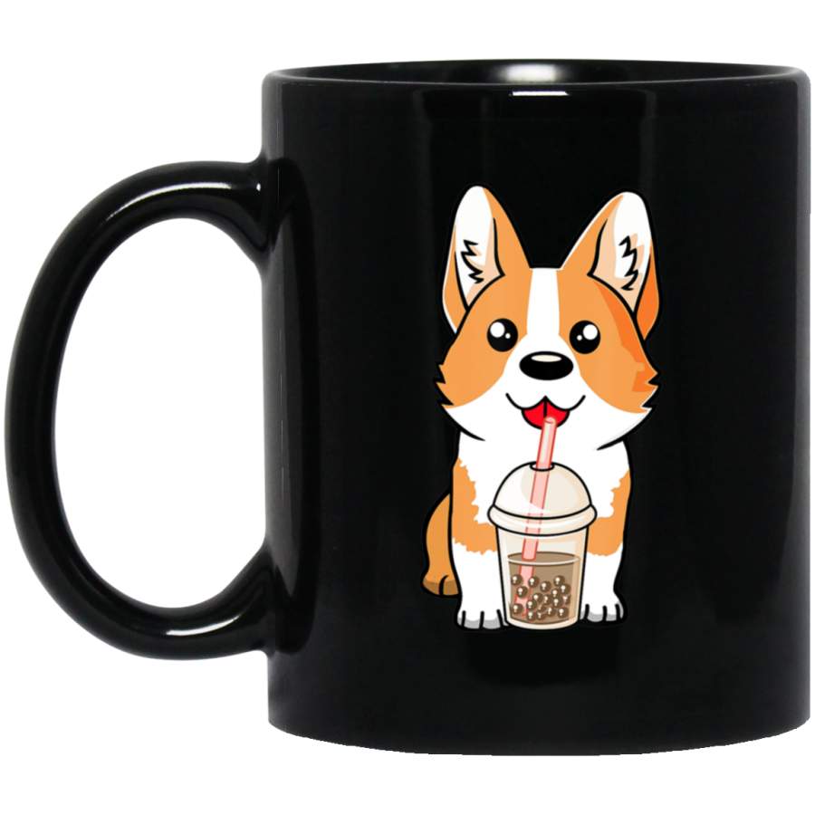 Boba Tea Corgi Dog Puppy Lover Kawaii Japanese Anime Gift Black Mug