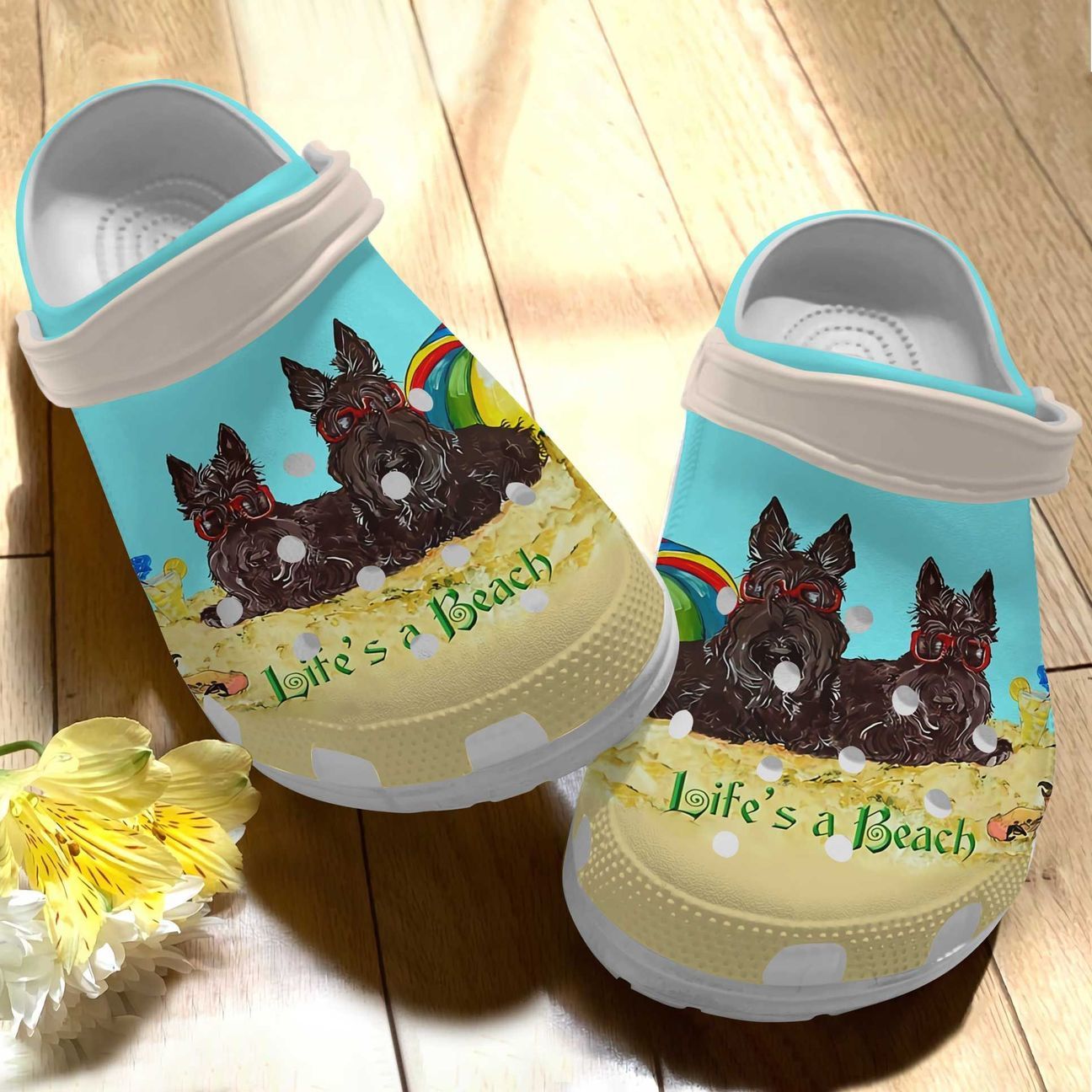 Scottish Terrier Personalized Clog, Custom Name, Text Life Is A Beach, Fashion Style For Women, Men, Kid, Print 3D