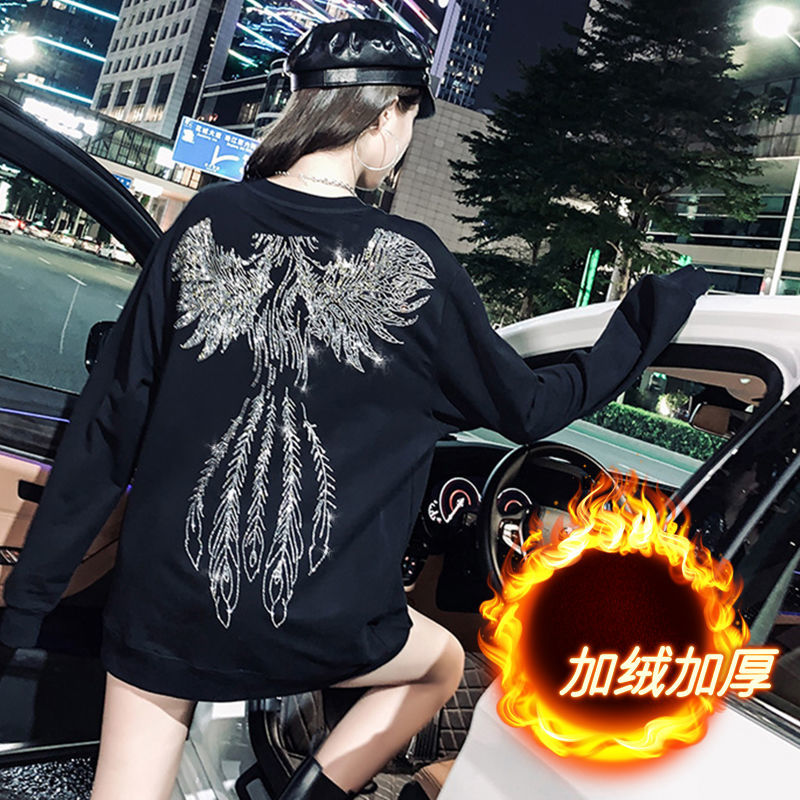 Autumn Winter Fleece-Lined Wings Sweater for Women Heavy Embroidery Hot Drilling Gothic Korean Tops Loose Velvet Thickened Top alx