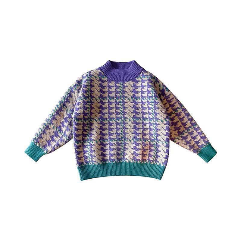 Winter Kid Girl Sweater Round Collar Wool Knit Long Sleeves Purple Green Patchwork Fleece Thick Pullover Top Child Clothes E071 alx