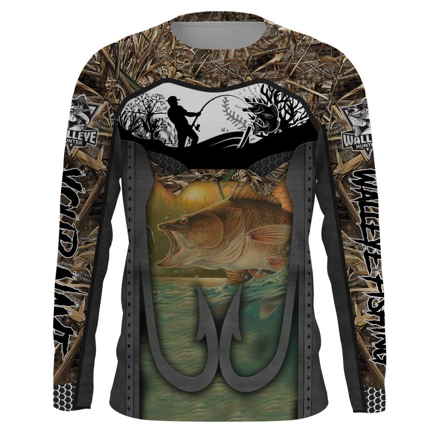 Walleye fishing Fish hook camo UV protection quick dry Customize name long sleeves UPF 30+ personalized gift for fisherman- NQS832