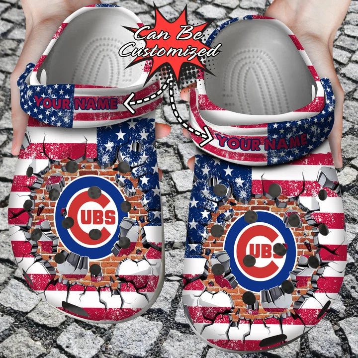 Baseball Crocss – Personalized C.Cubs American Flag Breaking Wall Clog Shoes1