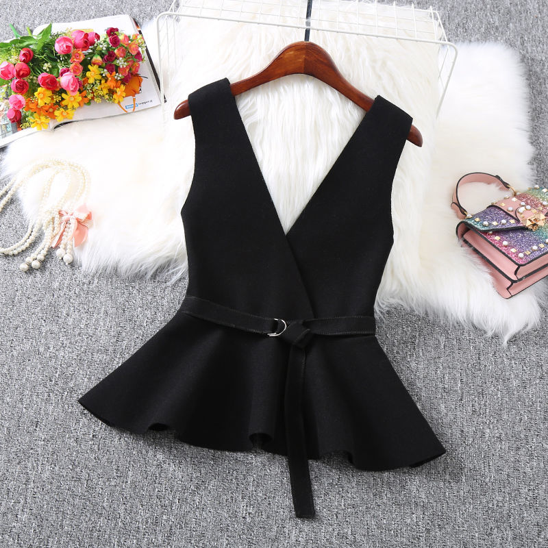 Women Vests Ruffles Deep V-neck French Style Slim Belt Temperament Woolen Waistcoats Femme Spring Fall Fashion OL Outerwear Chic alx