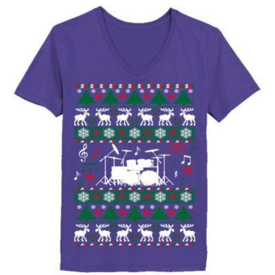 AGR Drums Drummer Ugly Christmas Sweater – Ladies’ V-Neck T-Shirt