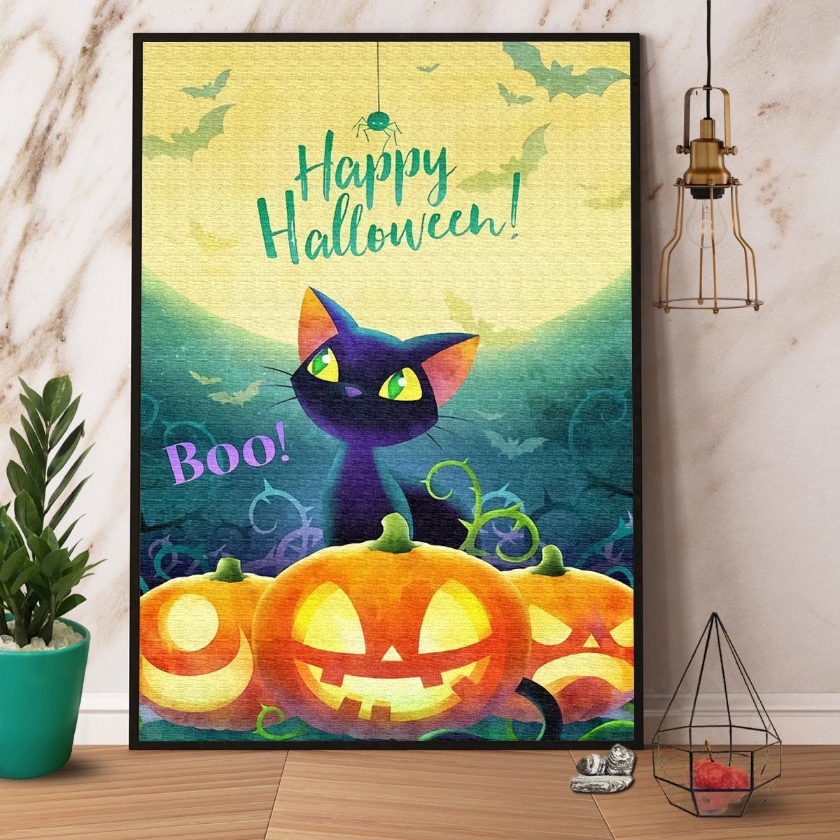 Black Cat Pumpkin Happy Halloween Boo Paper Poster No Frame Matte Canvas, Wall Decor Visual Art Wall Decor