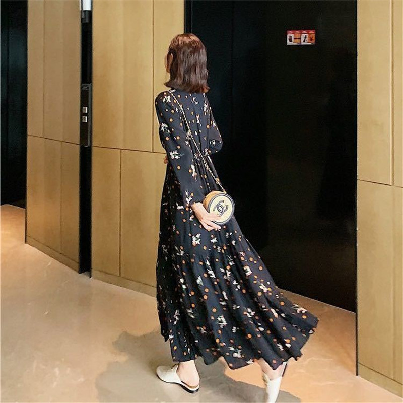 Women Dress Autumn Summer V-Neck Long Sleeve Floral Dress Black Vintage Long Dress Beach vestido de mujer alx