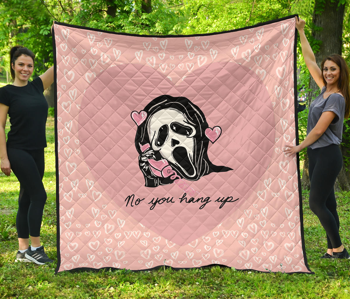 Halloween Premium Quilt | No You Hang Up Funny Ghostface Calling Pink Hearts Quilt Blanket