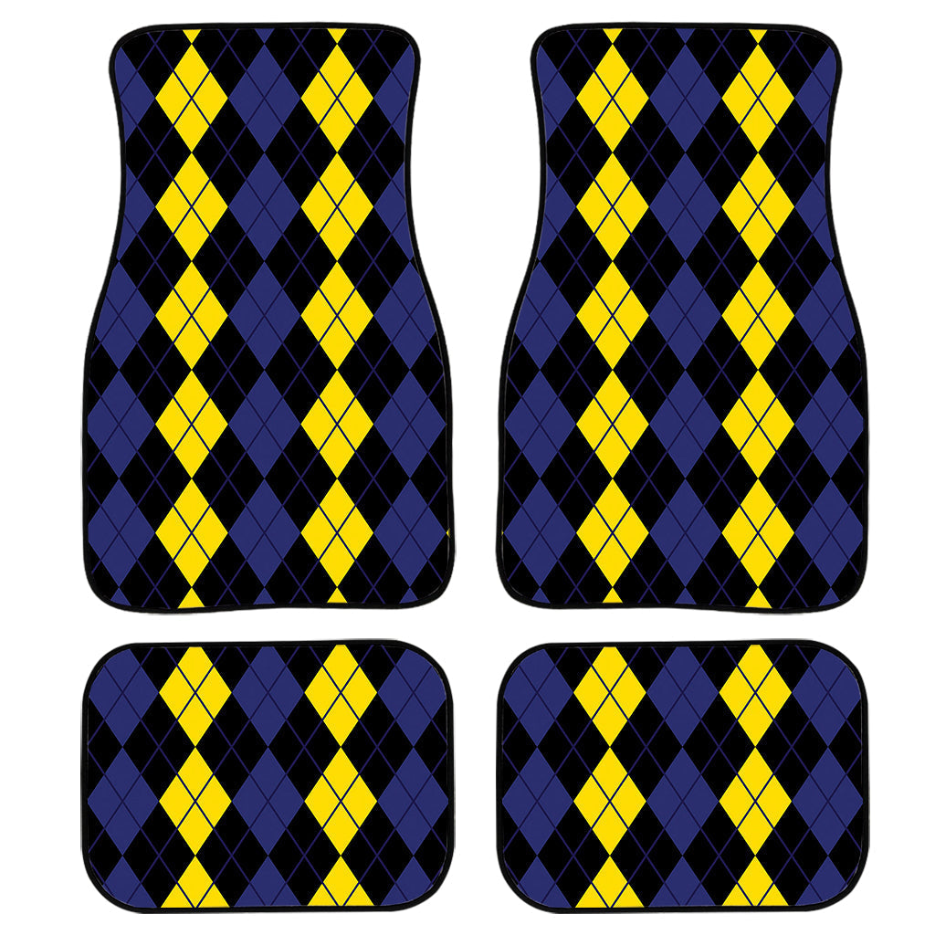 Yellow Black And Blue Argyle Print Front And Back Car Floor Mats, Front Car Mat