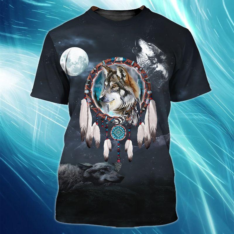 Native American Wolf Under The Moonlight 3D Tshirt