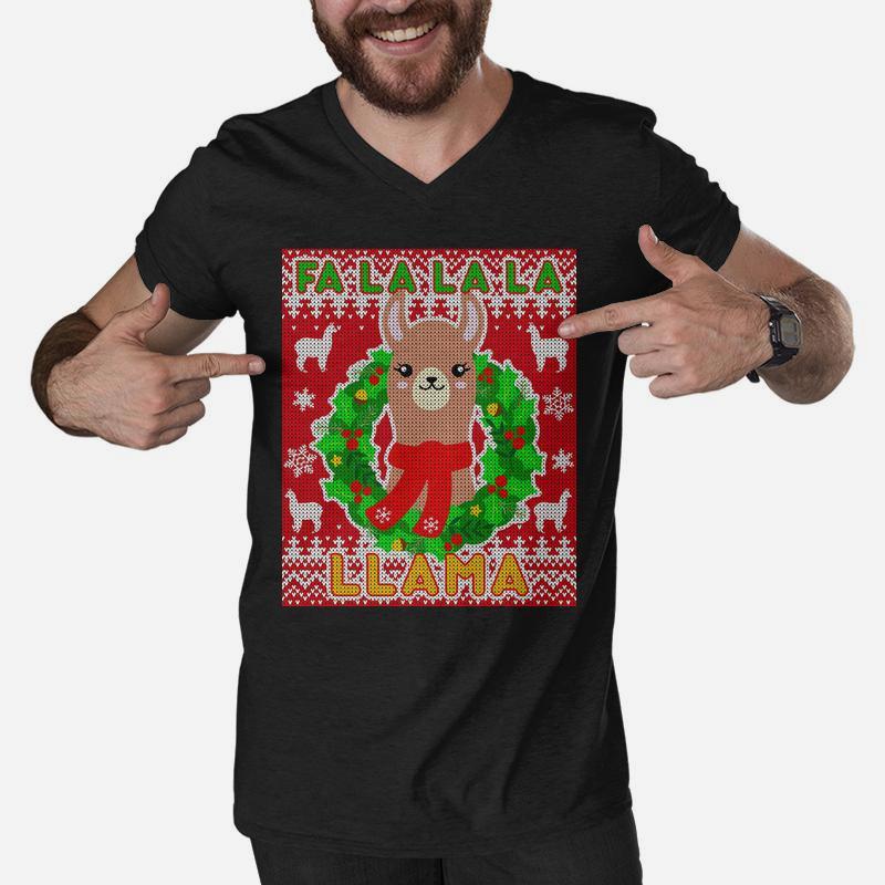 Christmas Fa La La La Llama Ugly Sweater Graphic Design Printed Casual Daily Basic Men V-Neck Tshirt