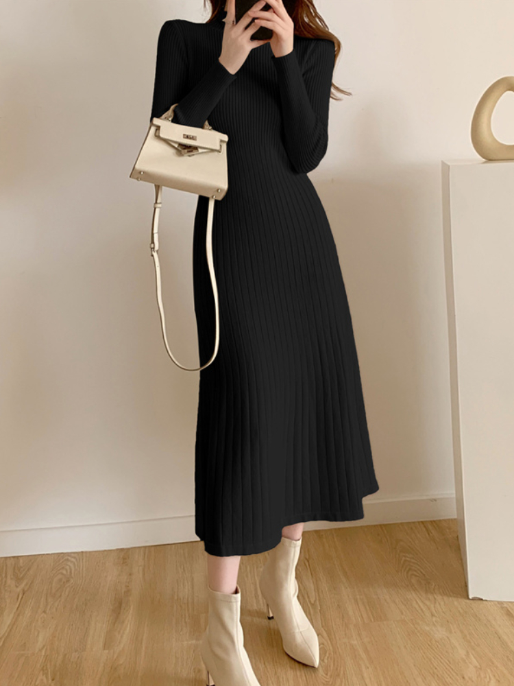 Autumn Winter 2022 Slim Long Sleeve Party Midi Dress for Women Knitted Half High Collar Elegant Knitted Sweater Dresses Ladies alx