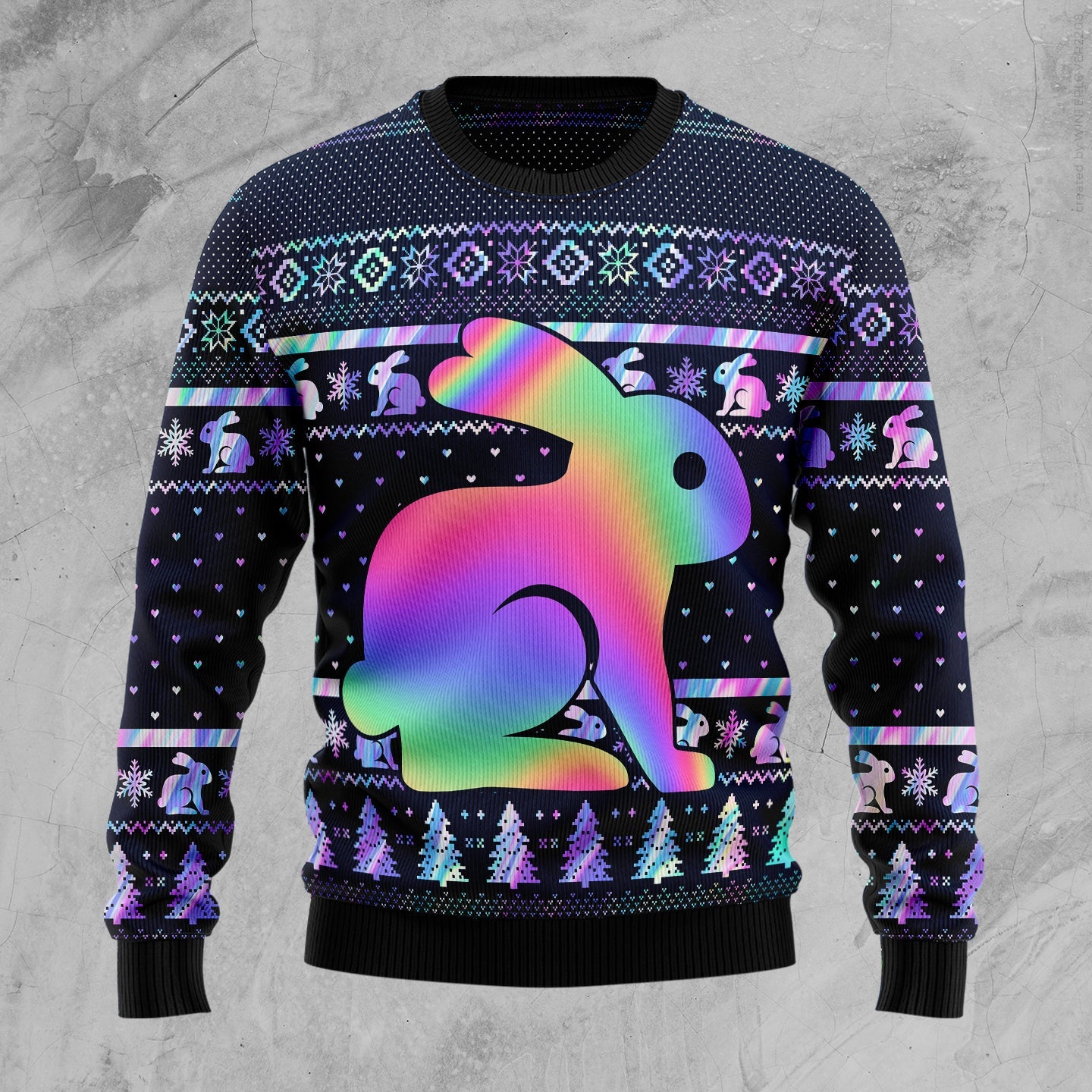 Rabbit Hologram Christmas Unisex Crewneck Sweater – Christmas Graphic Sweater – Ugly Christmas Sweater