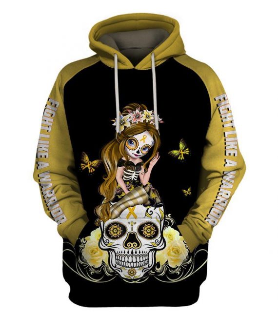 Skull Gift Fight Like A Warrior™ Gold Child Cancer Sugar Skull Girl Awareness Hoodie