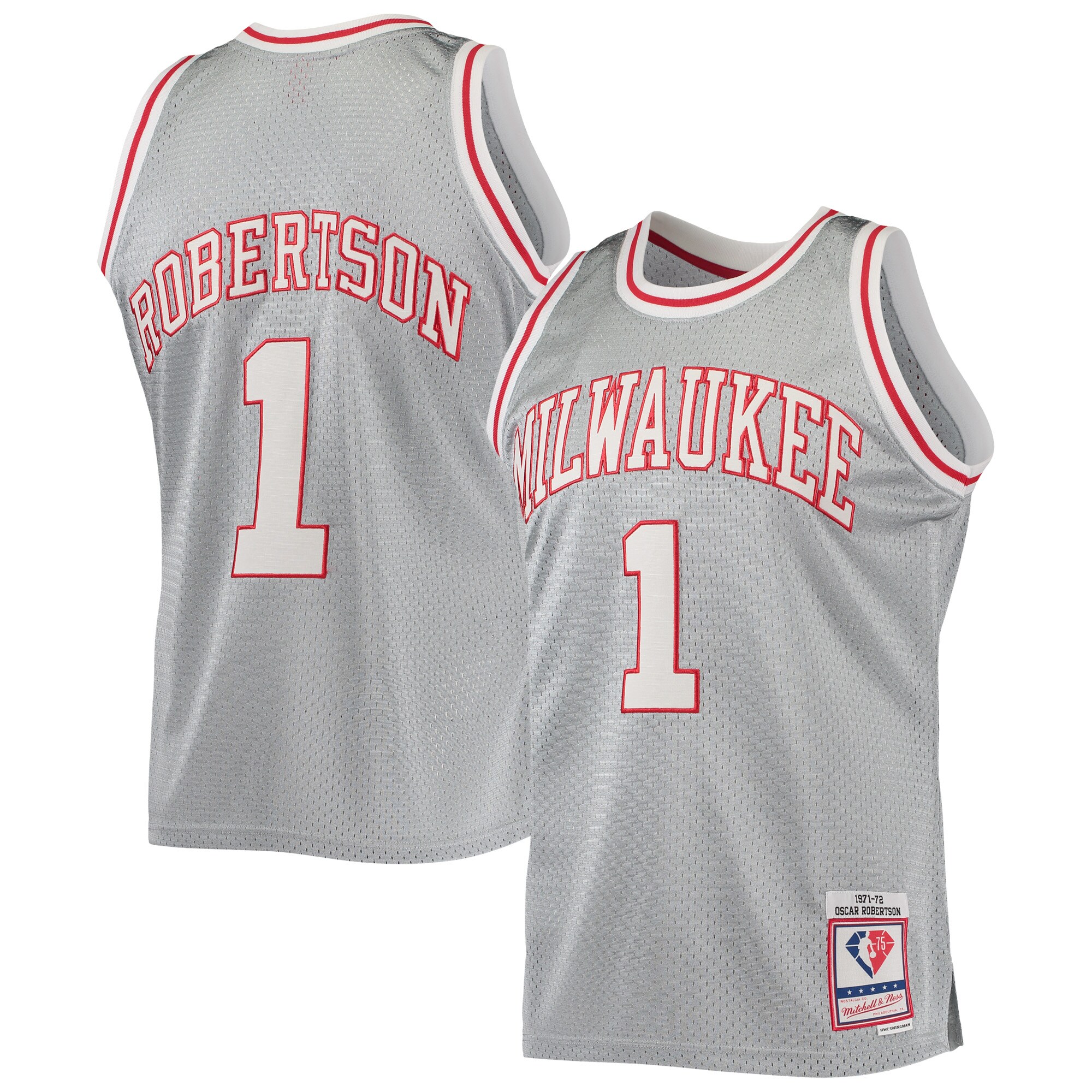 Oscar Robertson Milwaukee Bucks Mitchell & Ness 75th Anniversary 1971/72 Hardwood Classics Swingman Jersey – Silver