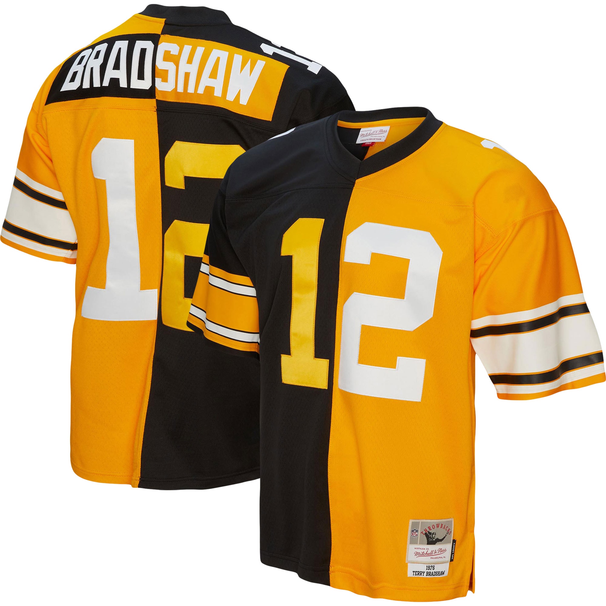 Men’s Pittsburgh Steelers Terry Bradshaw Mitchell & Ness Black/Gold 1976 Split Legacy Jersey