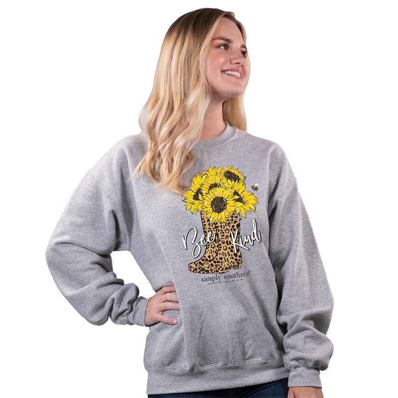 Simply Southern Bee Kind Leopard Boots Long Sleeve Crew Sweatshirt