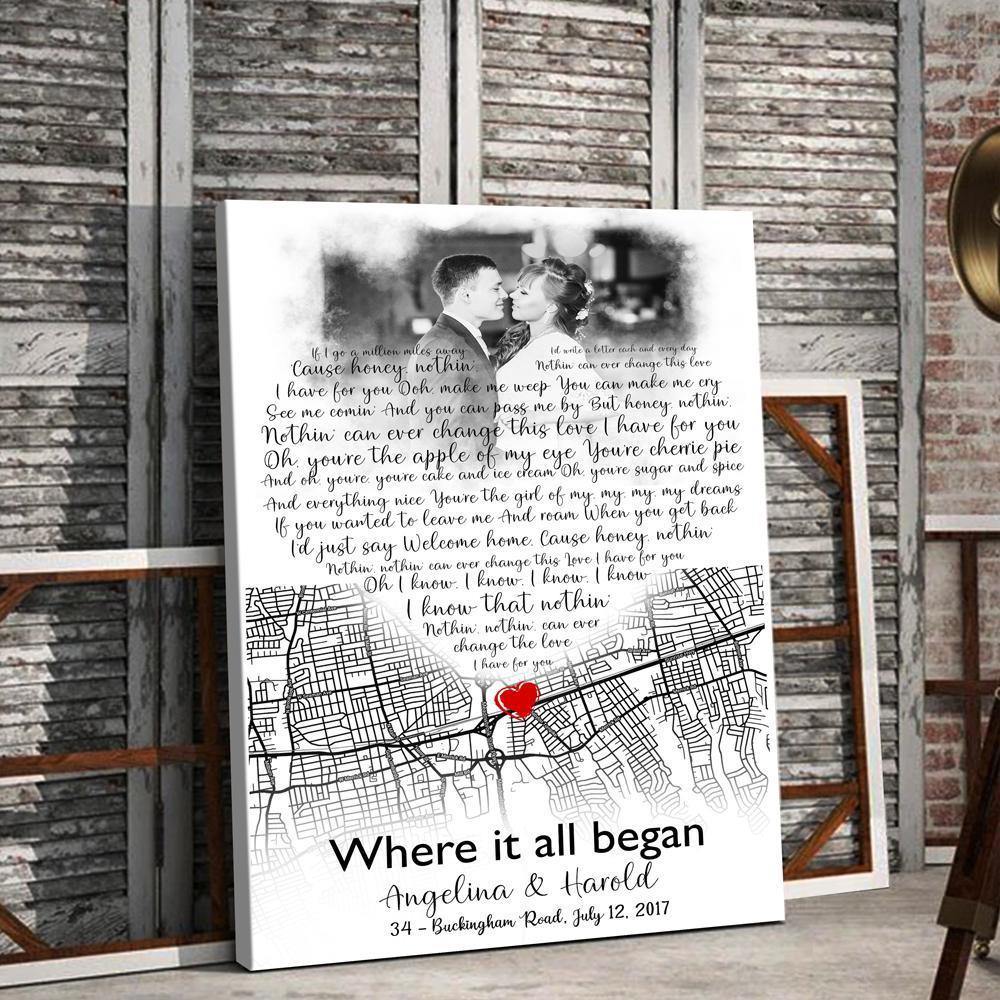 [Personalized Name, Date & Photo] The First Meeting Street Map Where It All Began – Anniversary Gift For Her For Him, Lovely Gift, Gift For Home Decor – Horizontal Canvas Matte Canvas Wall Art