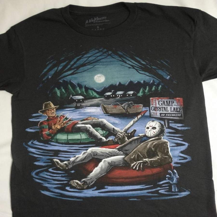 Freddy Krueger and Jason Voorhees In Inner Tube Camp Crystal Lake Horror T-Shirt