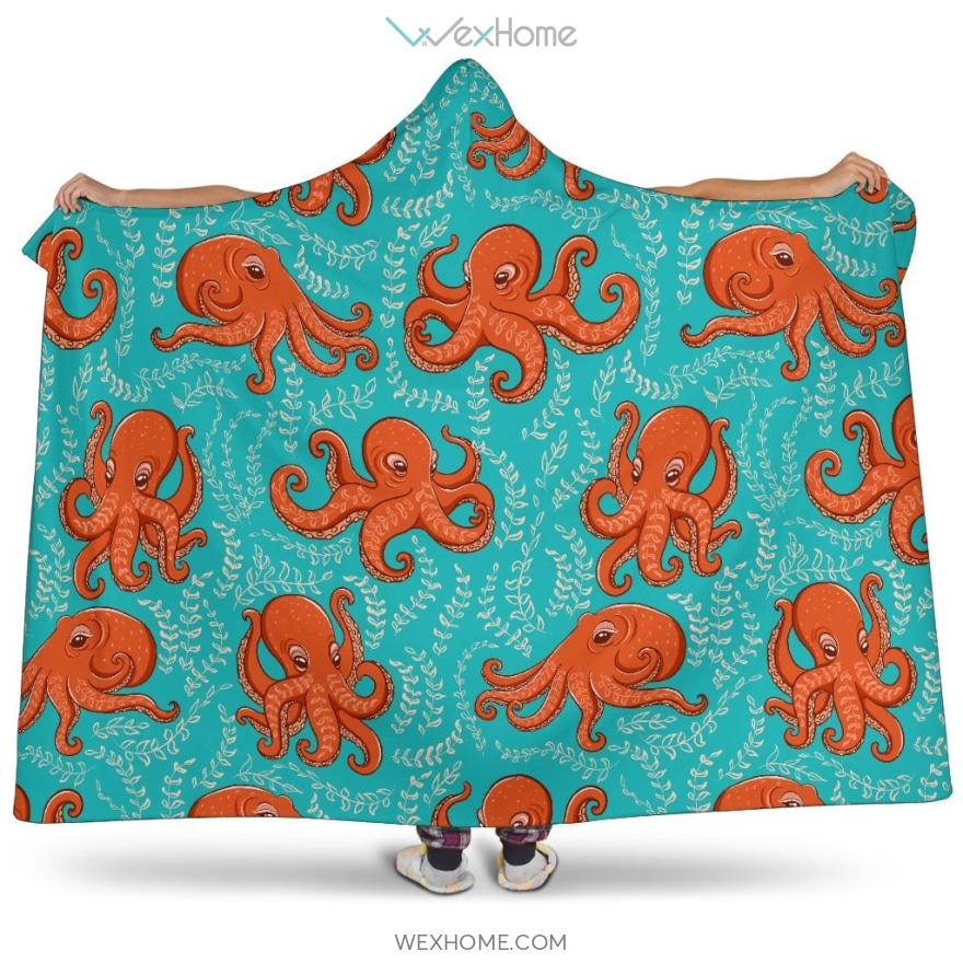 Octopus Turquoise Background Hooded Blanket