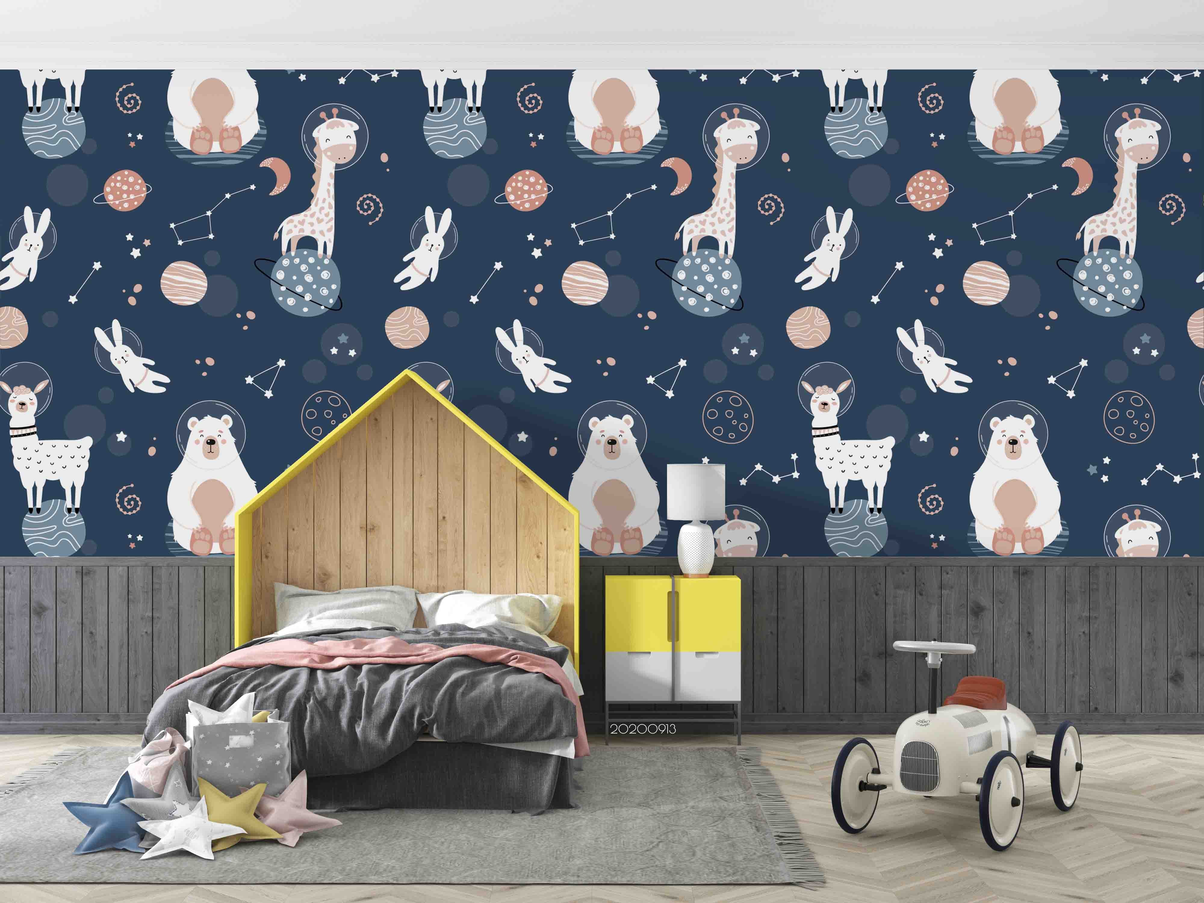 3D Cartoon Space Astronaut Animal Polar Bear Planet Wall Mural Wallpaper Lxl