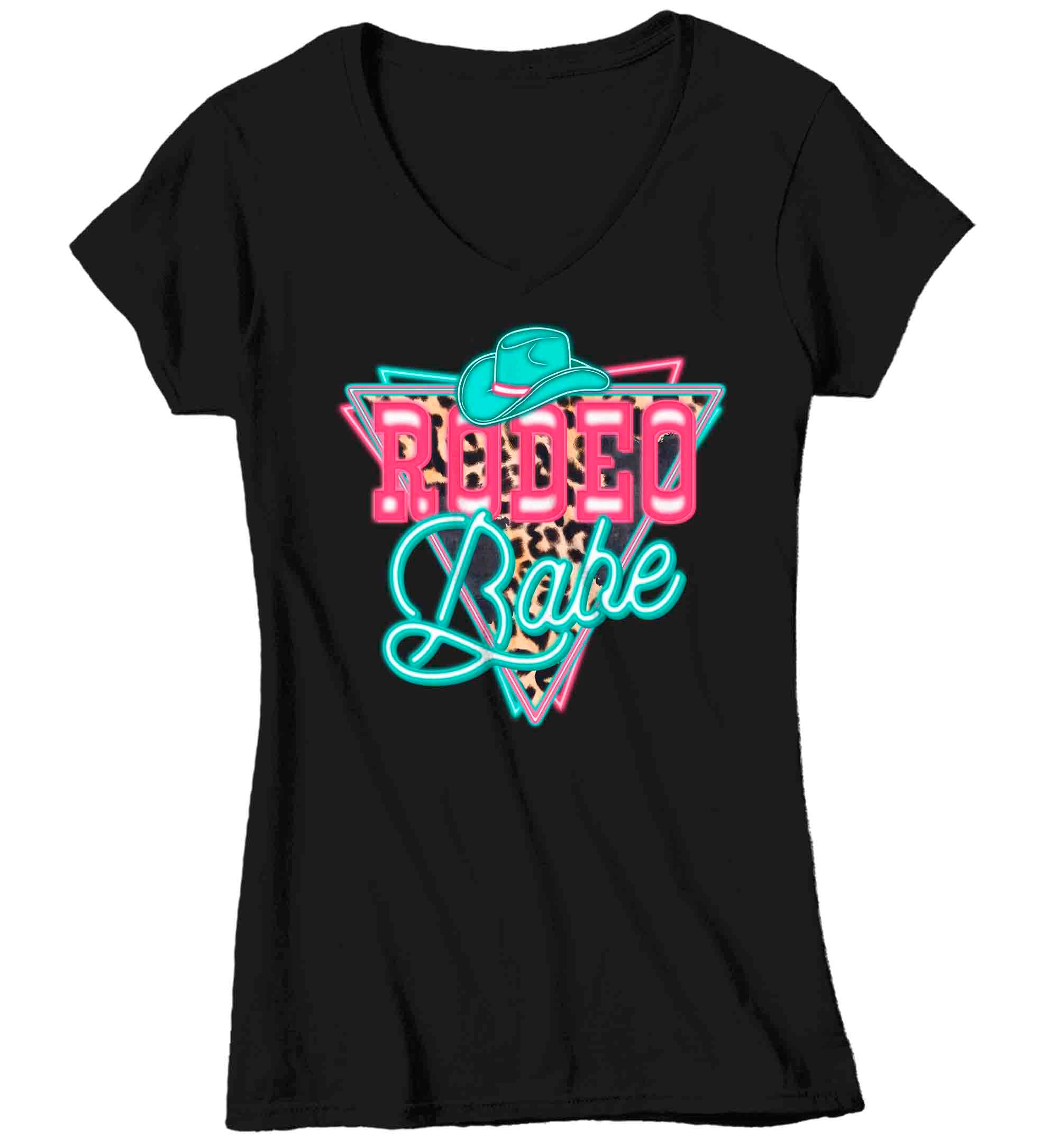 Women’S V-Neck Rodeo Babe Shirt Neon Lights Tshirt Cowgirl Leopard Animal Print Rodeo Gift Cowboy Gift Ladies Soft Graphic Tee