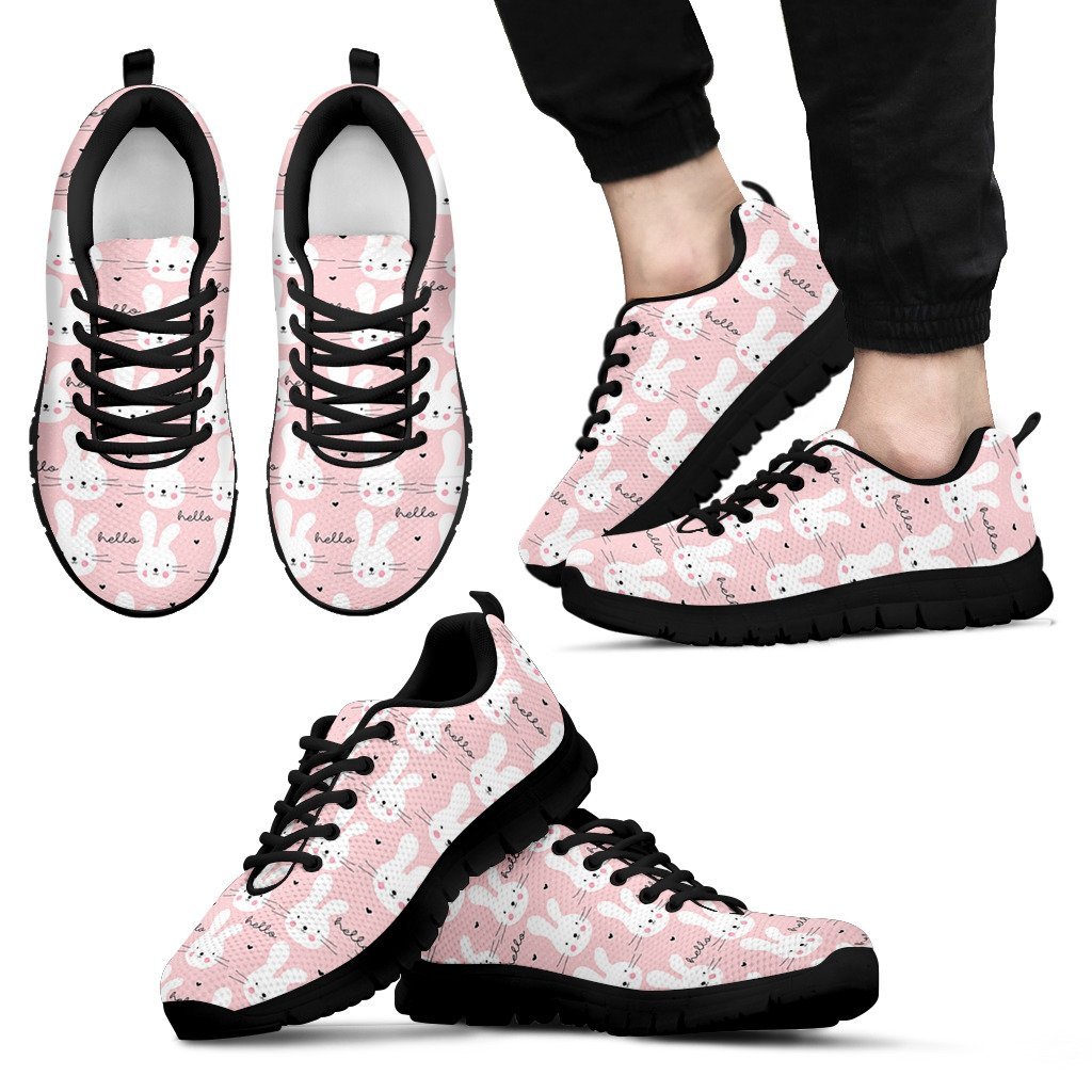 Pink Bunny Rabbit Pattern Print Black Sneaker Shoes For Men Women