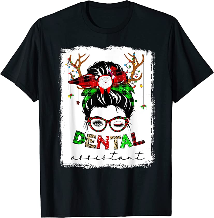 Bleached Dental Assistant Messy Bun Leopard Christmas Pajama T-Shirt