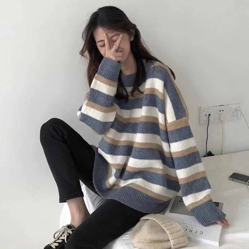 Cartoon kawaii rabbit pattern retro knitted oversized sweater women Harajuku autumn and winter loose cute round neck sweatshirt alx