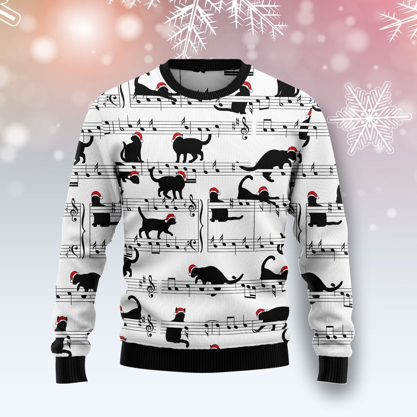 Black Cat Christmas Music Ugly Christmas Sweater | For Men & Women | Adult | Us6044