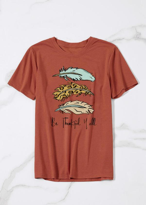 Be Thankful Y’All Feathers Leopard T-Shirt Tee – Brick Red