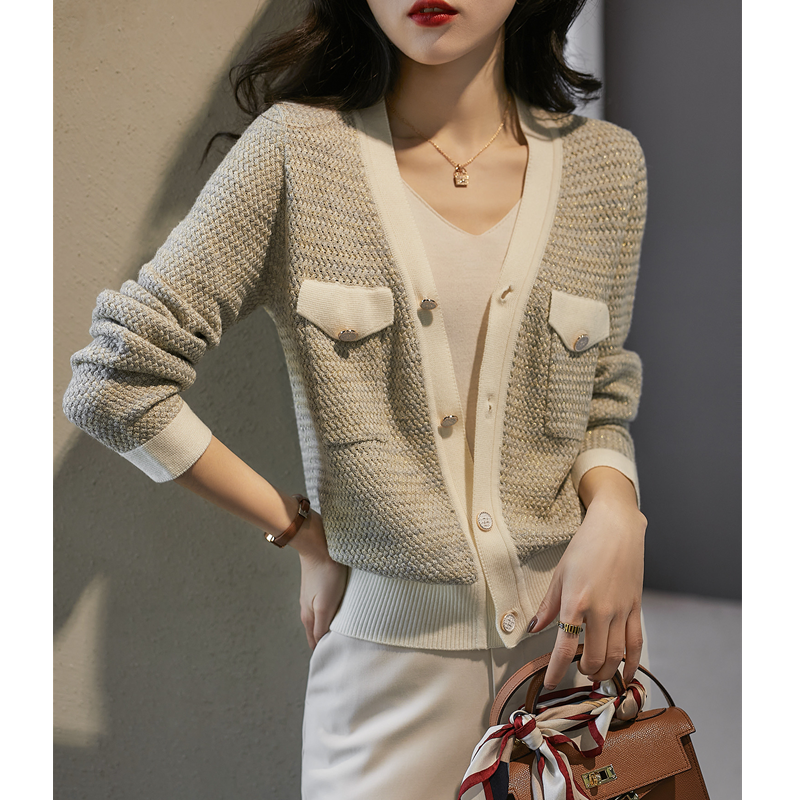 Temperament small fragrant wind cashmere knit cardigan female spring and autumn new V-neck jacket loose sweater thin wool coat alx