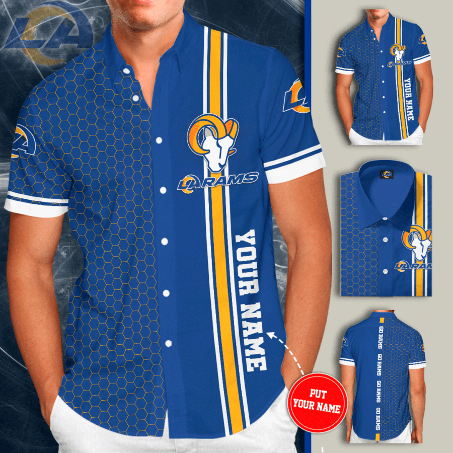 Personalized Los Angeles Rams Go Rams All Over Print 3D Tiling Short Sleeve Dress Shirt Hawaiian Summer Aloha Beach Shirt – Neon Blue-Tph