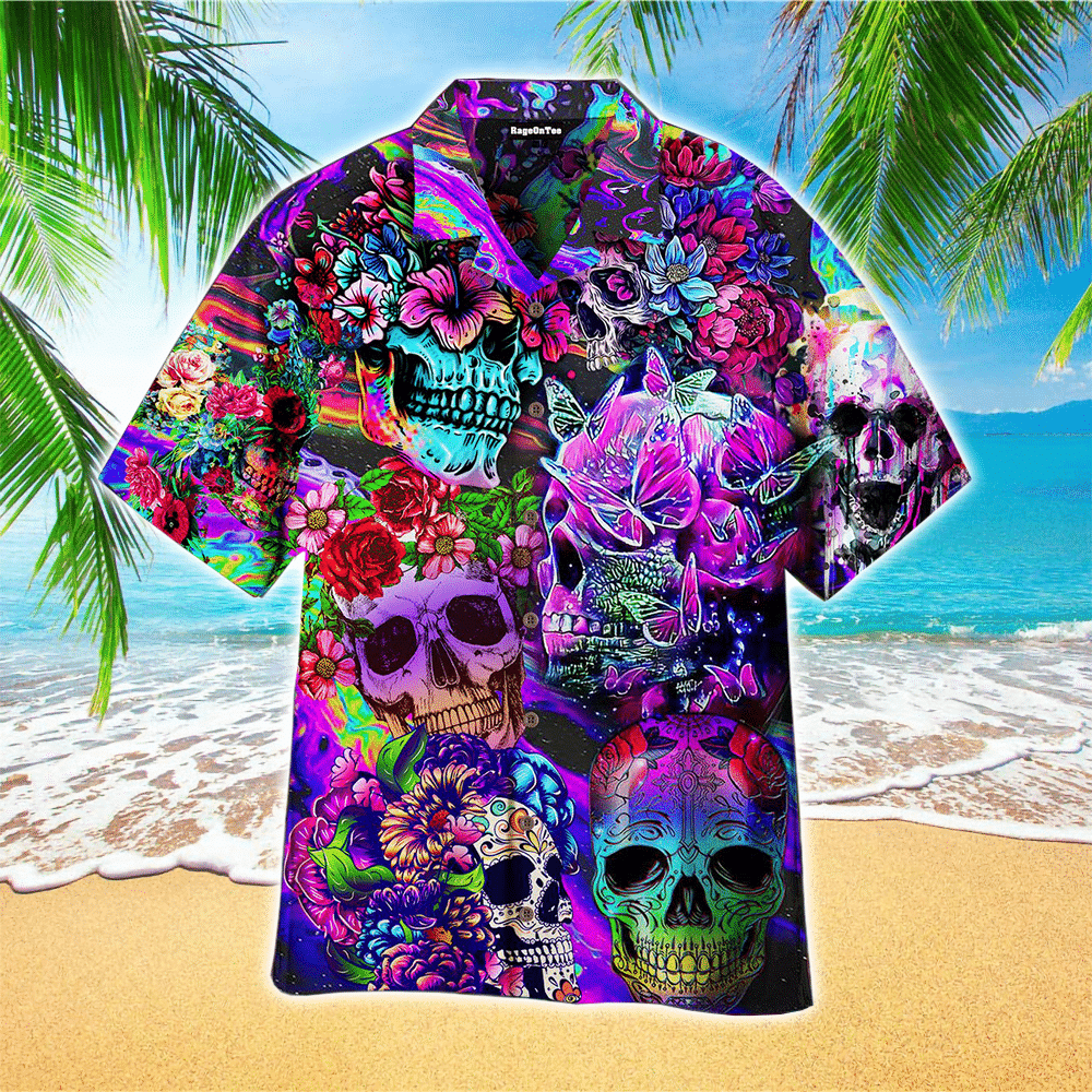 Flowers Hippies Colorful Skull Hawaii Shirt Aloha Ha24338