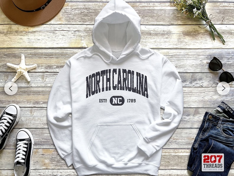 North Carolina Sweatshirt North Carolina Hoodie | Retro Vintage NC Hooded Sweatshirt | Distressed Sweater School Varsity Style NC Gifts