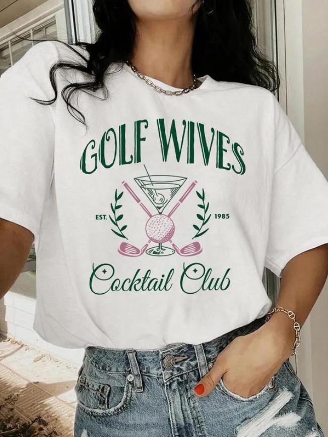 Women’s Letter & Golf Print Drop Shoulder Tee, Casual Short Sleeve Round Neck T-Shirt For Summer, Ladies Clothes For Daily Wear