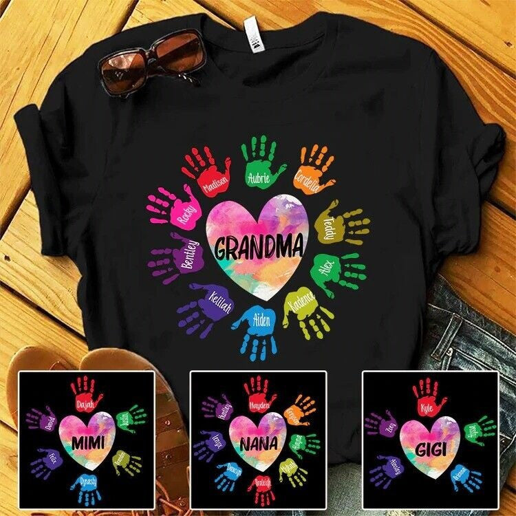 Funny Grandma And Grandkids Heart Colorful Hands Mimi Shirt, Hand Nana Shirt