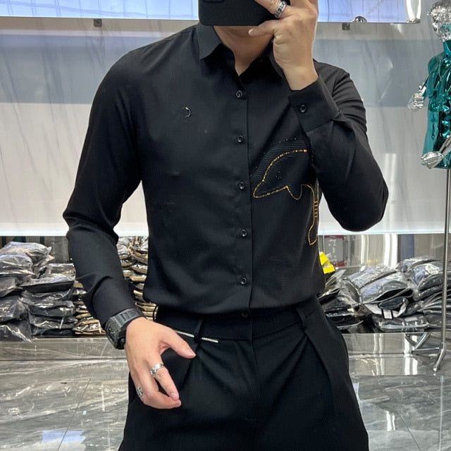 Trend Fashion Slim Dolphin Diamond Embroidered Dress Shirt