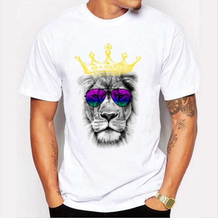 Summer new men ‘s fashion T – shirt personality lion printed pattern leisure white T – shirt