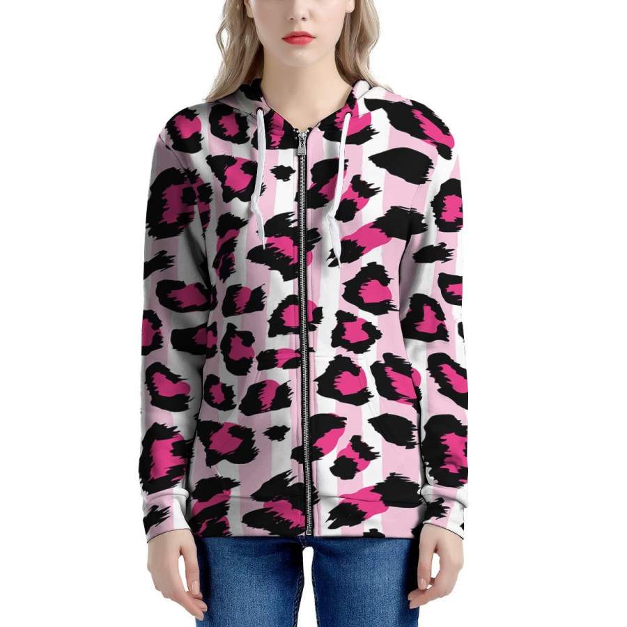 Pink Striped Leopard Women’s Zip Up Hoodie