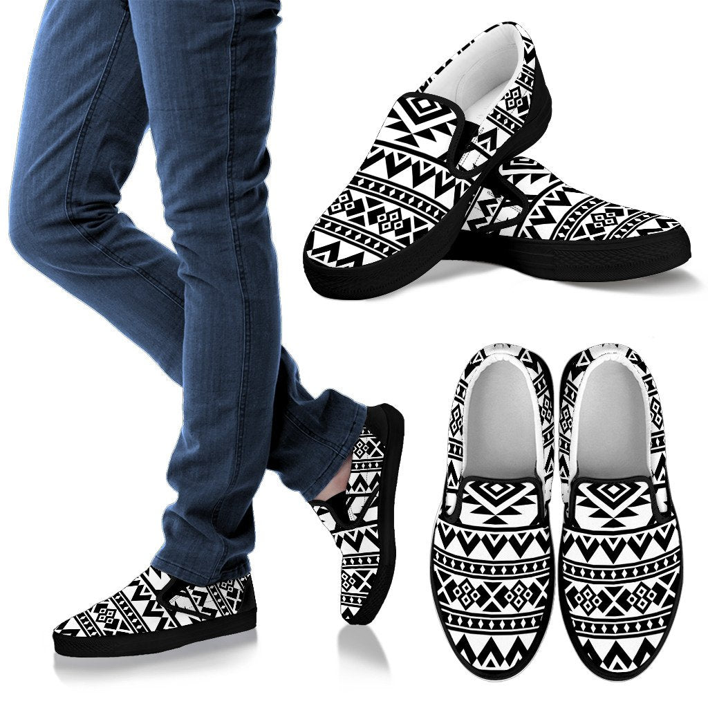 White And Black Aztec Pattern Print Men’S Slip On Shoes