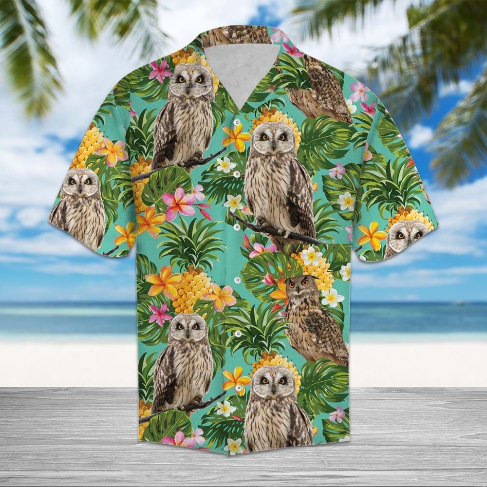 Tropical Pineapple Owl Hawaiian Unisex Print Aloha Short Sleeve Casual Shirt Ha106358