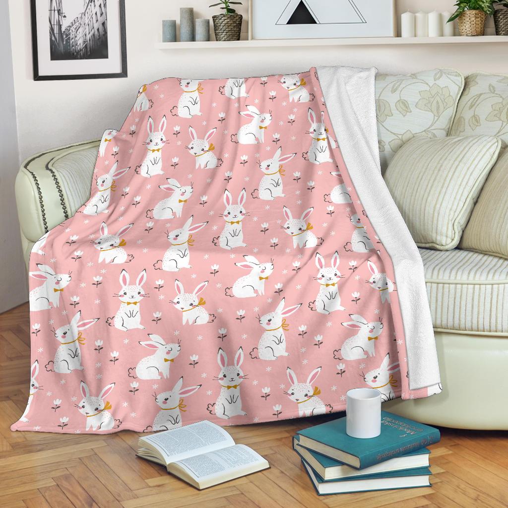 Cute White Rabbit Flower Pink Background Premium Blanket