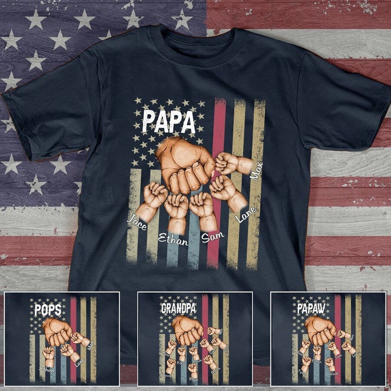 Personalized Papa T Shirt, Custom Name Grandpa Shirt Fist Bump Grandchild Names, Father Day Shirt For Papa, Grandpa 4Th Of July Papa Shirt