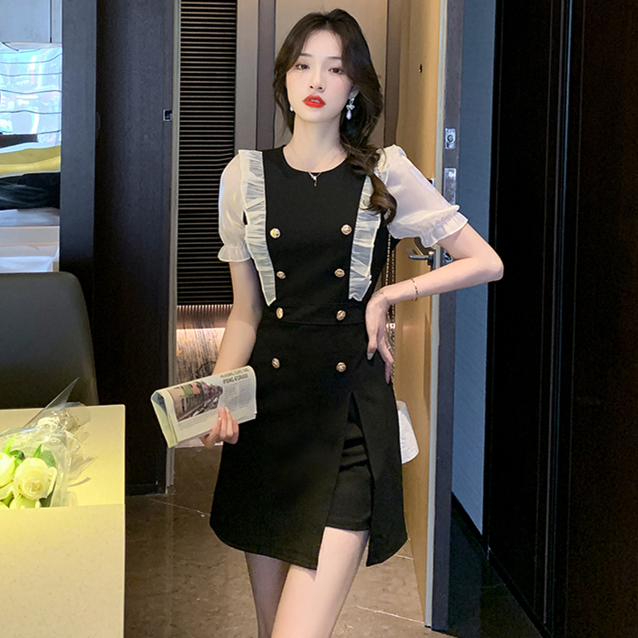 Black Dress 2022 Summer New Round Neck Ruffled Puff Sleeve Mesh Stitching Double Breasted Dress Suit Long Style Slit Dress Women alx