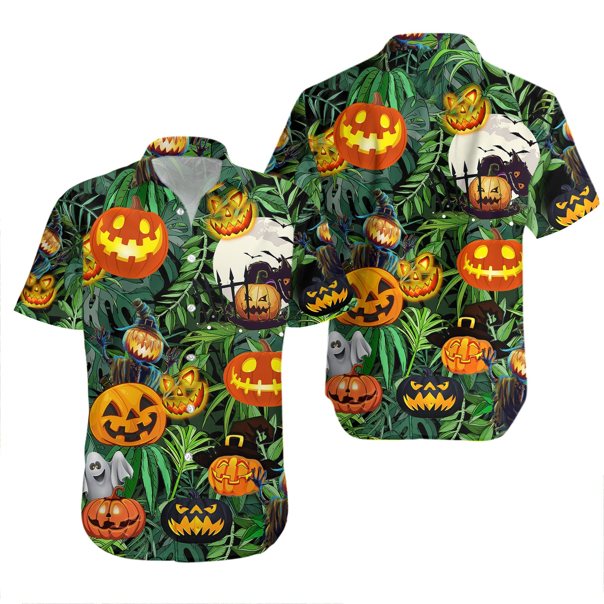 Amazing Pumpkin Halloween Green Leaf Tropical Hawaii Shirt For Men And Women Ha99539