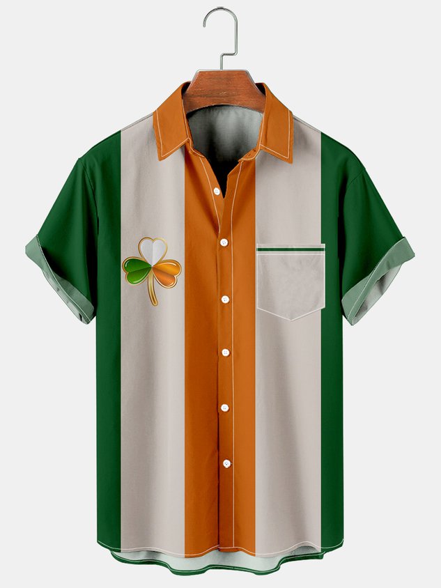 Men St Patrick’S Day Shamrock Print Casual Breathable Short Sleeve Hawaiian Shirt