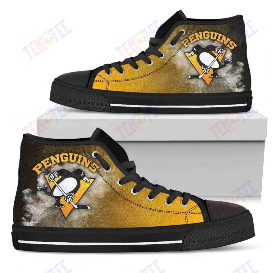 Mens Womens Pittsburgh Penguins High Top Shoes White Smoke Vintageshoes TMT550