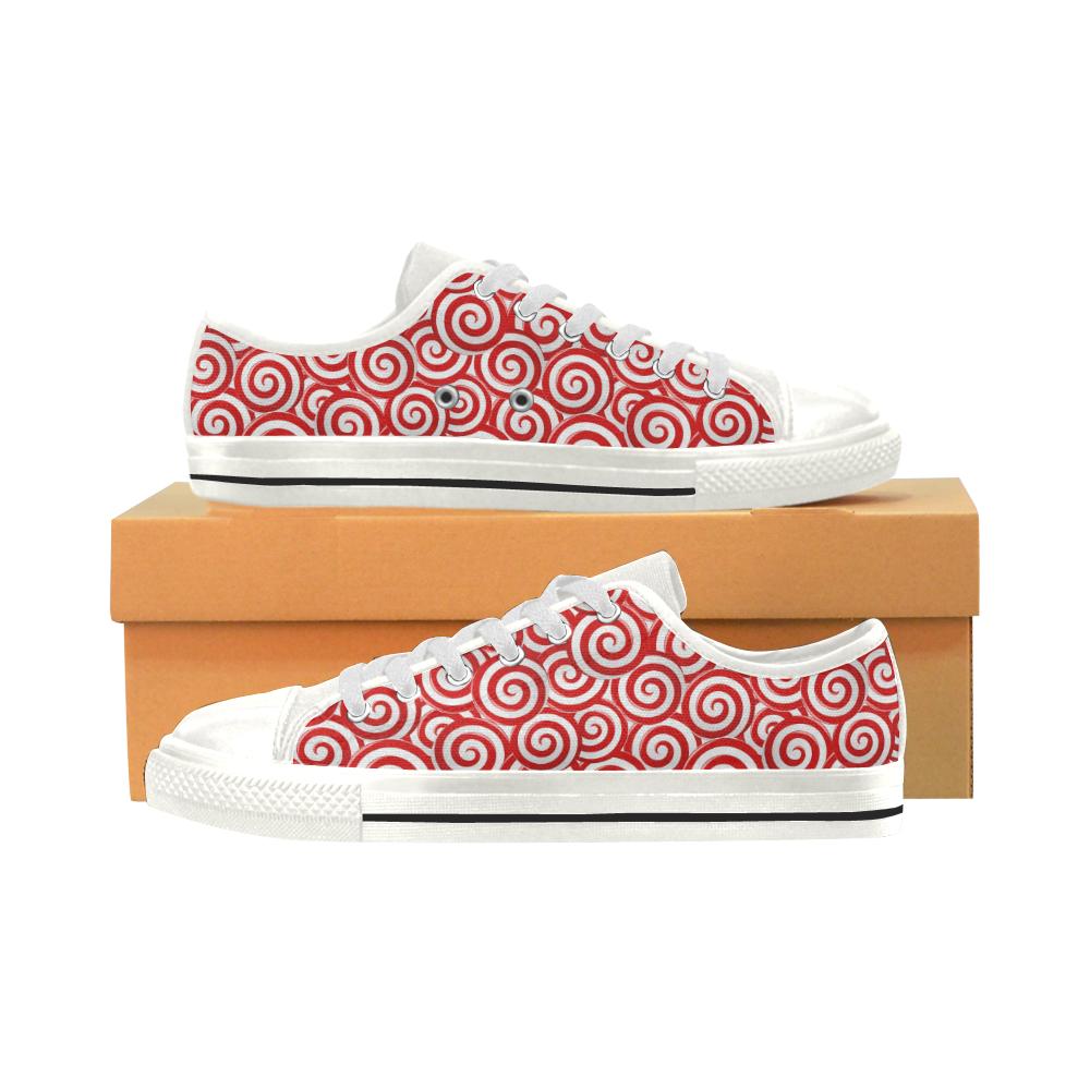 Red and White Candy Spiral Lollipops Pattern Women’s Low Top Shoes White