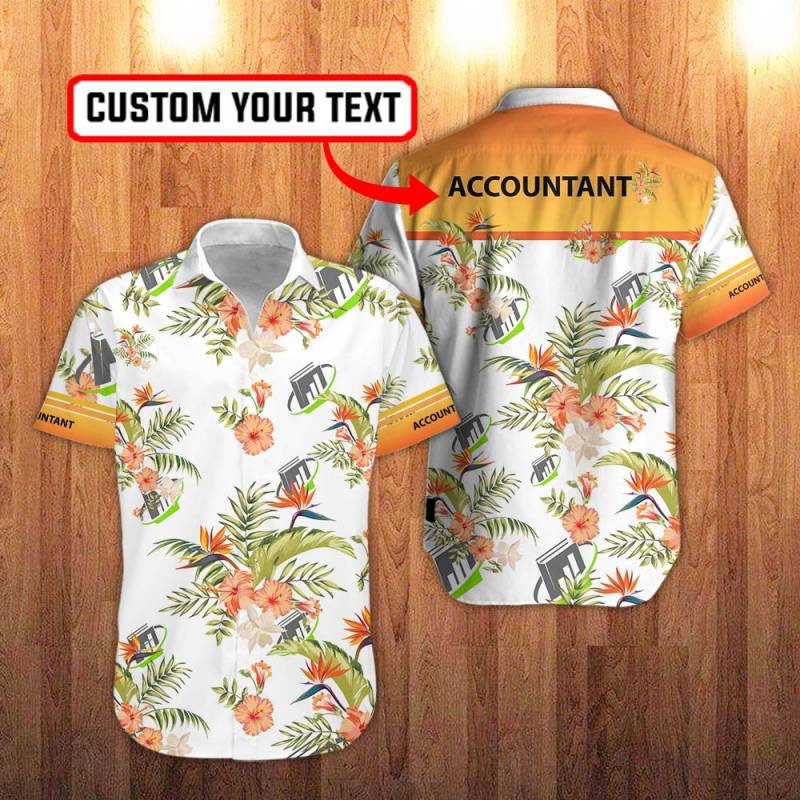 Accountant Floral Hawaiian Shirt in White And Hawaiian Hibiscus Flower Personalization 3D Full Print Button Shirt